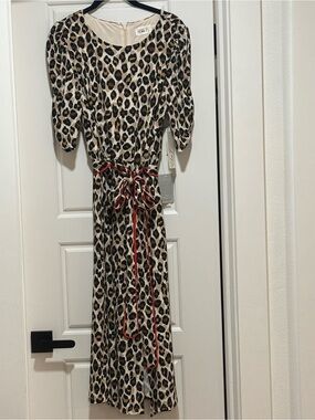 Eliza F Leopard Print Midi Dress Red Trim Belt